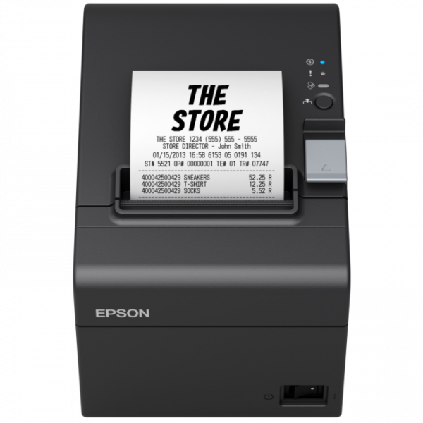 Black receipt printer with a slip saying The Store being printed out of it