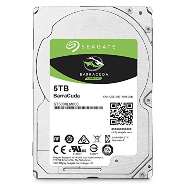 A 5TB Seagate hard drive with a green, black and white label