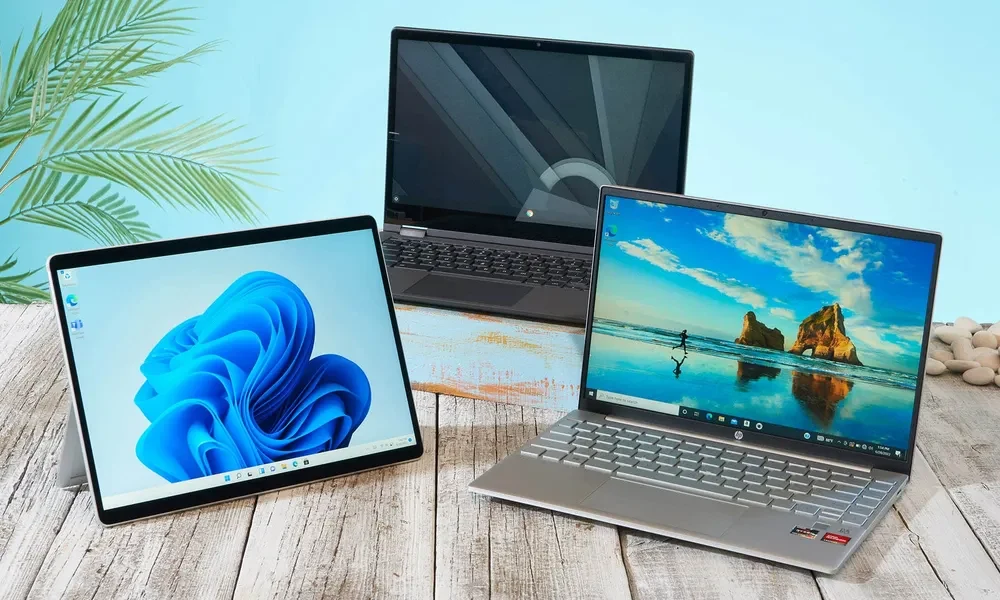 3 different displayed laptops