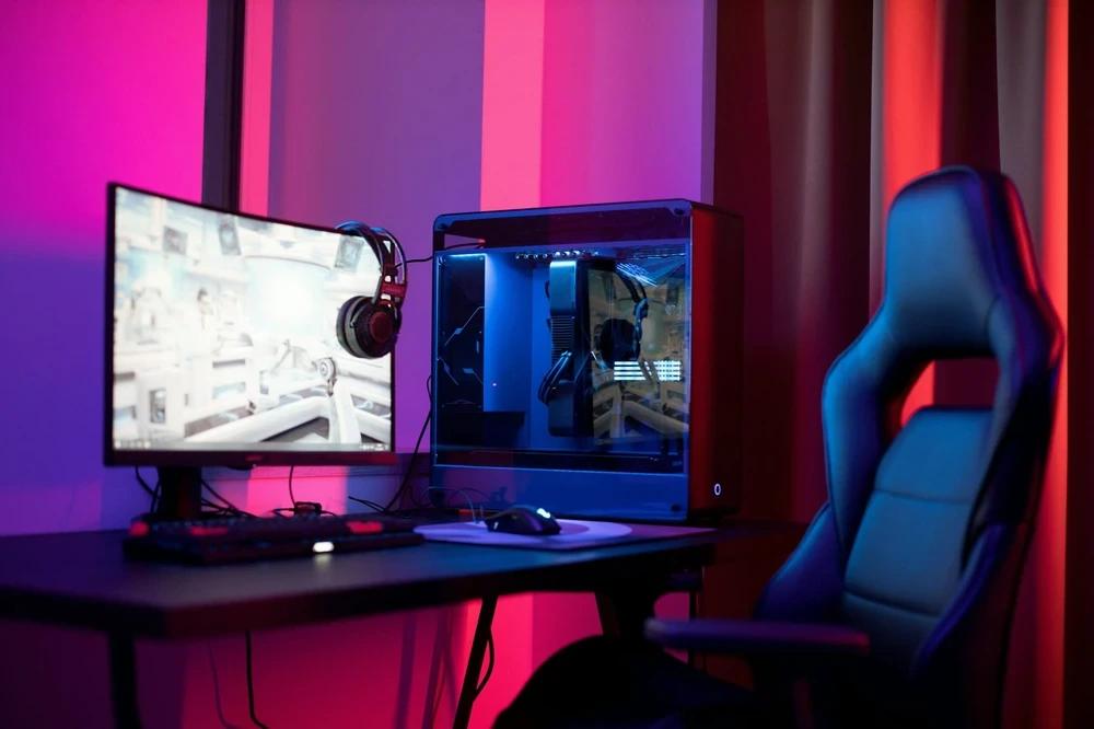 Red and purple RGB gaming pc setup