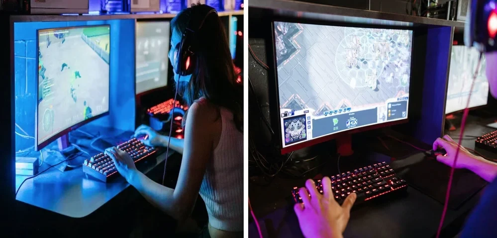 The image appears to be a comparison between a flat and a curved computer monitor with a person on each image typing on the keyboard, displaying video games on both screens