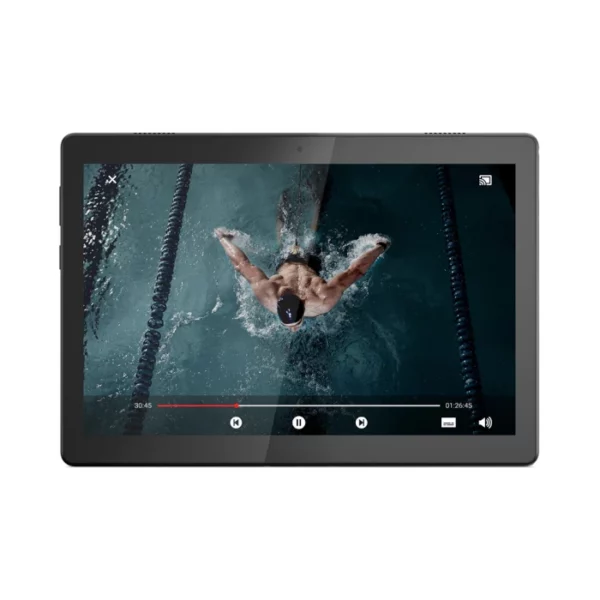 An iPad with a black border displaying a birds eye view video of a man swimming in a pool