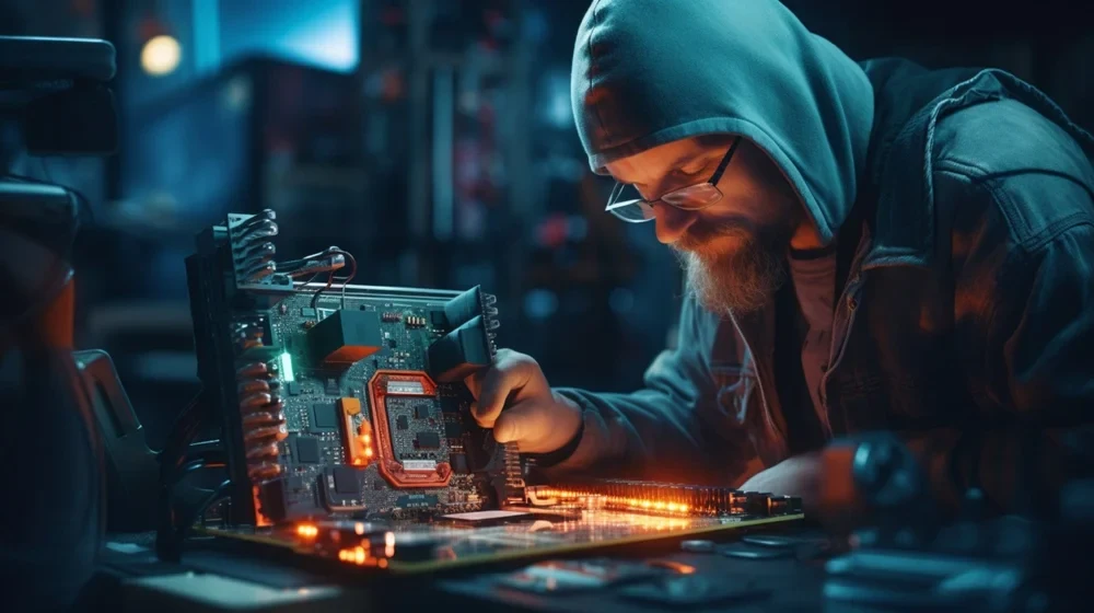 Technician overclocking computer