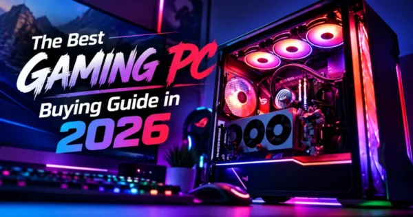 the best pc gaming buying guide in 2026 hero banner with text and a PC gaming tower