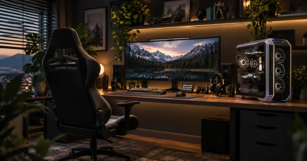 Complete PC gaming setup including gaming monitor, mechanical keyboard, mouse, headset, and chair