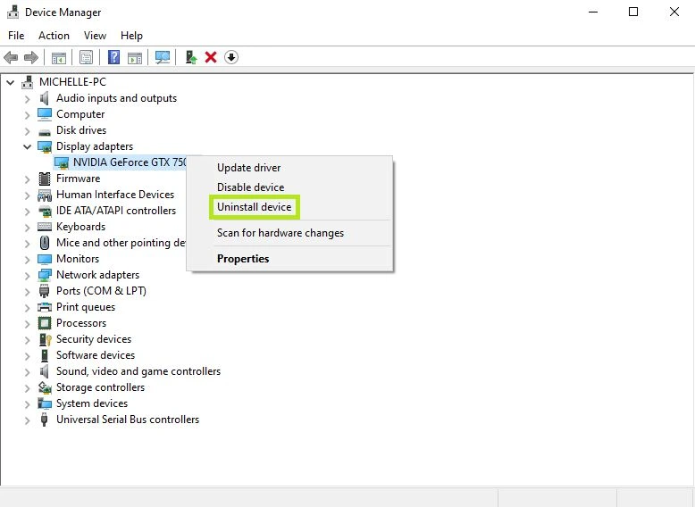 ‘Display adapters’ to find your graphics card. Right-click on your graphics card and select 'Uninstall device'.