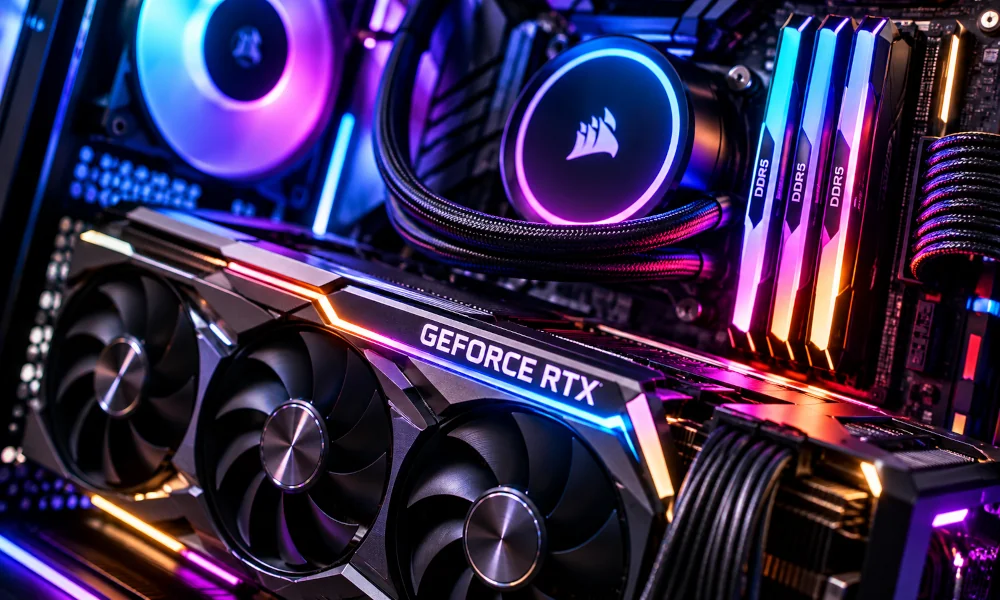 Inside a custom prebuilt gaming PC showcasing NVIDIA RTX graphics card and DDR5 memory