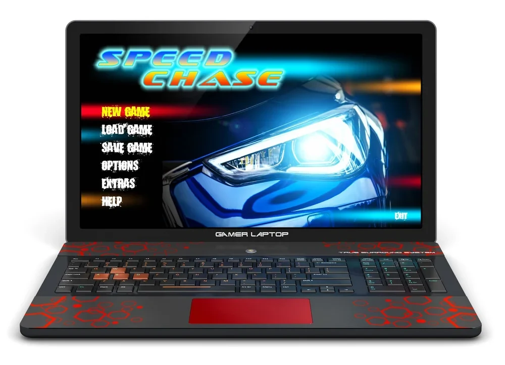 Gamer laptop with Speed Chase on it.