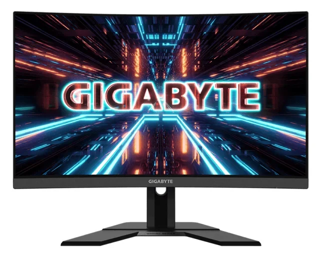 A product image of a curved gaming monitor, displaying GIGABYTE