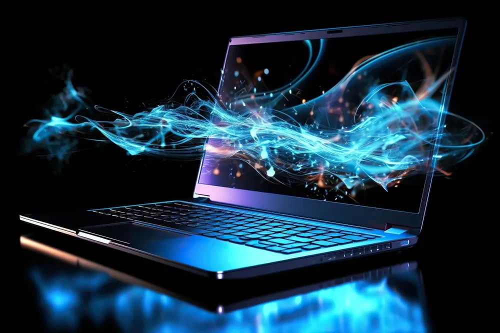 Laptop with blue smoke on a black background