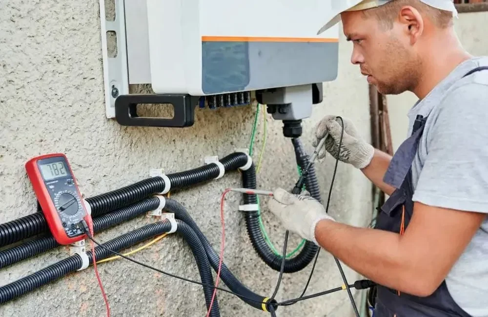 Man installing solar panel box with wiring